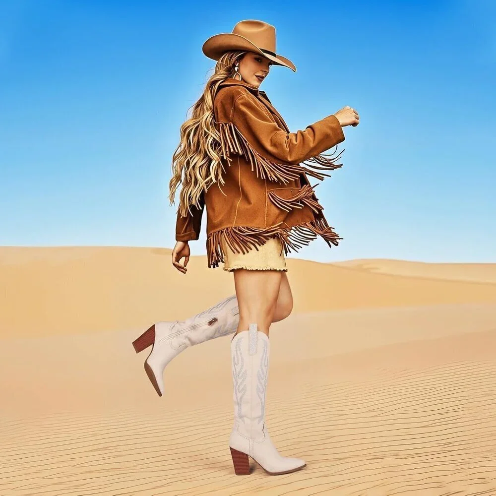 Women's Beige Rhinestones Embroidered Pointed Toe Chunky Heel Knee High Boots